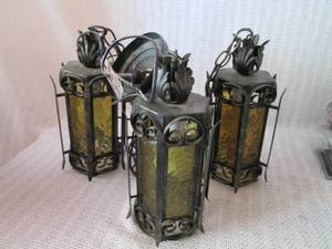 lot 260 image: Vintage Iron and Amber Glass Hanging Lanterns - Set of 3