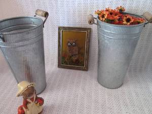 lot 261 image: Lot of Decorative Items including Metal Buckets with Wooden Handles, Framed Owl Art, and Ceramic Figurine
