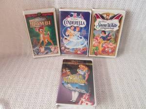 lot 280 image: Lot of 4 Disney VHS Tapes - Bambi, Cinderella, Snow White, Alice in Wonderland