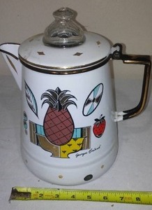 lot 325 image: George Briard Mid Century Modern Ambrosia Pineapple Enamelware Peculator Coffee Pot With Insert.