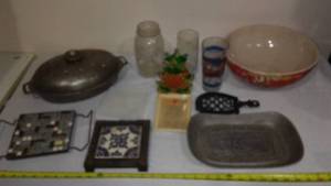 lot 419 image: Vintage Misc. Kitchen. Rare Cast Aluminum Roaster, Pepsi Glass, Trivets And More.