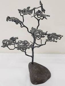 lot 191 image: Artisan Metal Tree Sculpture on A Rock - Signed and Dated