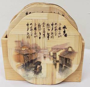 lot 216 image: Lovely Bamboo Coasters with Japanese Village Scenes - Set of 6
