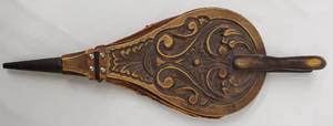 lot 233 image: Vintage Leather and Wood Fireplace Bellows and Wood Book Stand