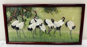 lot 243 image: Red Crowned Cranes Under Pine Trees Framed Silk Embroidery