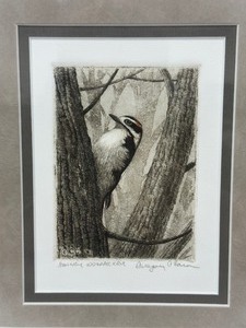 lot 228 image: Downy Woodpecker Etching by Greg Caron