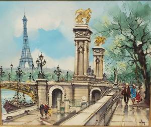 lot 307 image: Original Oil on Canvas Painting Eiffel Tower from Pont Alexandre III Bridge, Paris France