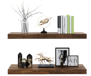 lot 187 image: Floating Shelves Set of 2, Natural Bamboo Wall Mount Display Rack with Large Storage L23 x W6