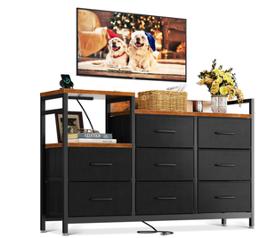 lot 309 image: ODK TV Stand with Power Outlet, 52 Long TV Stand with 8 Large Fabric Drawers
