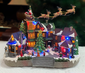 lot 430 image: Christmas Village Centerpiece Decor, Santa Riding Sleigh Flying Over The Town Center
