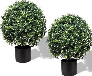 lot 138 image: LOT OF 2 Tall Artificial Boxwood Ball Topiary Tree UV Resistant w White flower