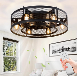lot 327 image: Depuley Caged Flush Mount Ceiling Fan with Lights Remote Control, Farmhouse Enclosed Ceiling Fan