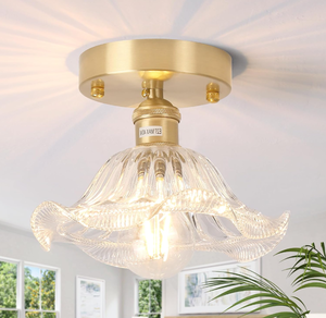 lot 338 image: Shenmoyl Semi Flush Mount Ceiling Light, Gold Hallway Lights Fixture Ceiling Clear Lotus Leaf Glass, Bulb Included