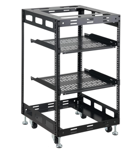 lot 269 image: 15U Open Frame Rack for Servers & AV Gear - Wall Mountable Design Includes 2X Vented Shelves, 4X Leveling Feet, 4X Casters