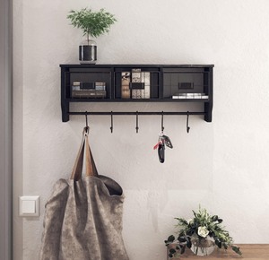 lot 270 image: HBCY Creations Wall Mounted Shelf with Coat Hooks and Baskets, Solid Wood Entryway Organizer Wall Shelf with Hooks 24 Wide