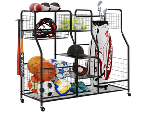 lot 277 image: Golf Bag Storage Rack - Fits 2 Golf Bags, Garage Sports Equipment Organizer with Baskets