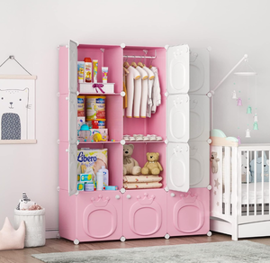 lot 353 image: MAGINELS Kids Wardrobe Closet,Baby Girl Closet Cabinet with Door,Two Open Hanging Children Costume Area and 8 Cube Stroage