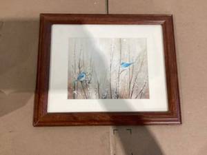 lot 476 image: Trademark Fine Art Pretty Blue Birds Frame. 17x14