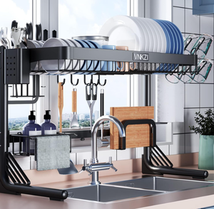lot 373 image: VNKZI Over Sink Dish Drainer Drying Rack, 2 Tier Full Stainless Steel Storage Adjustable Length (25.98 to 36.61)