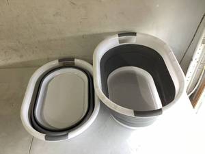 lot 564 image: LOT OF 2 Collapsible Plastic Laundry Basket - Foldable Pop Up Storage ContainerOrganizer