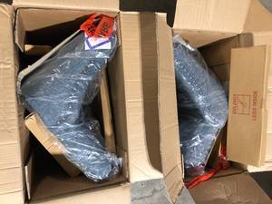 OSP Home Furnishings Granville 27 in. Wood Swivel Counter Stool with Grey Legs in Navy Fabric  Customer Returns See Pictures