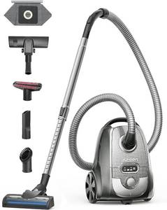 Aspiron Canister Vacuum Cleaner, 1300W Bagged Canister Vacuum, Turbo Brush, 5 Tools, 3.7Qt, H13 HEPA Filter, Automatic Cord Rewind, Vacuum Cleaner for Carpets, Hardwood Floors, Pet Hair, Grey