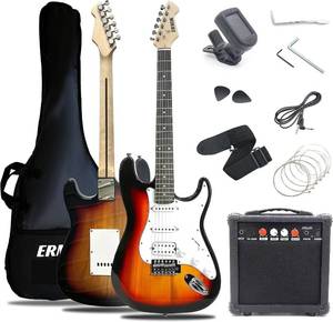Ermik Soild Body Electric Guitar Kit with Amp 20W, Strings, Strap, Digital Tuner, Picks, Gig Bag, Cable, Tremolo Bar, 39 Full Size Guitar