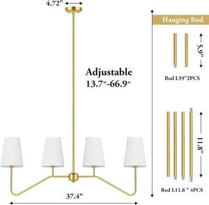 Brightever 4-Light Gold Linear Chandelier, Kicthen Island Light Fixture for Dining Room Over Table, Modern Pendant Lighting with White Fabric Shades for Pool Table, E12 Base