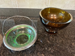 lot 40 image: Green Uranium Depression Glass Bowl With Silver Trim And Handle And Amber MCM Pedestal Bowl Measuring 6 Inches Diameter