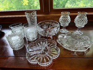 lot 42 image: Large Variety Of Vintage Cut, Crystal Glass, Serving Dishes, Vase, And Candleholders
