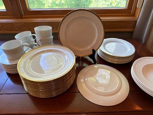 lot 50 image: White Serving Dishes - Vintage Paris Johnson Brothers Of England, Gold Rimmed China Salad Plates 19, Noritaki China Guildford Gold Rimmed Salad Plates 7, Wedgewood Windsor White Bowls 4, Block SPAL The Paris Collection Lisboa, White 8 Saucers And 8 Cups