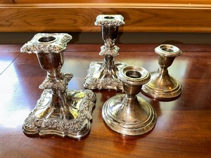 lot 55 image: Two Pairs Of Silver Candlestick Holders. Poole Silver Co Old English And Gotham Sterling 661