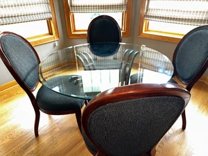 lot 30 image: Stunning Bernhardt Furniture Glass, Metal And Wood Dining Table Measuring 48 Diameter, With Four Solid Wood Upholstered Chairs