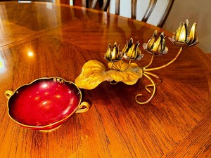 lot 11 image: Gold Accented Home Decor. Red And Gold Double Handled Trinket Dish Carlton Ware Rouge Royale And Vintage Brass 4 Taper Candle Holder