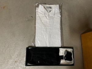lot 247 image: Tuxedo Shirt, Cummerbund, Bowtie, And Extra Buttons.