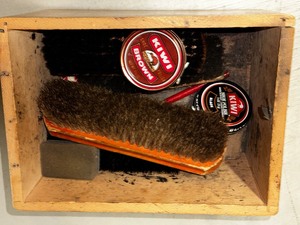 lot 248 image: Shoeshine Kit With Shoe Brushes And Multiple Containers Of Kiwi Shoe Polish In Different Colors.