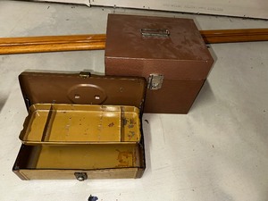 lot 249 image: Portable Metal File Storage Container And Vintage Metal Tackle Box.