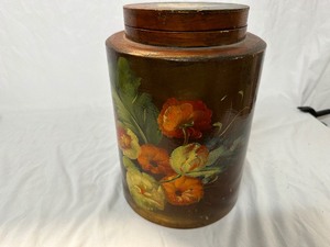 lot 138 image: Wood Hand Painted Covered Canister, Measuring 8 Inches Diameter 11 Inches Tall
