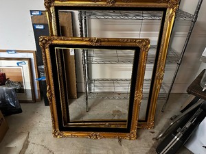 lot 142 image: Two Vintage Gold Painted Ornate Wood Carved Frames 31 X 37 and one Measuring 36 X 47