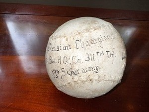 lot 63 image: Inscribed Vintage Baseball 78th Division Champions 3rd BN HQ Co 311th Inf 1945 Germany