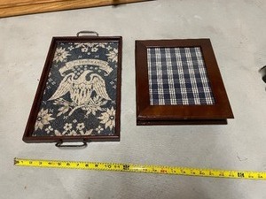 lot 244 image: Vintage Wood Framed Serving Tray With Tapestry Under Glass And Vintage Wood Framed Key Holder With Label Spaces.