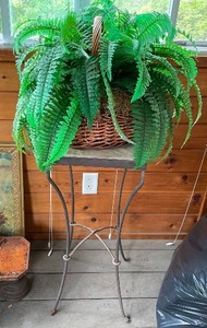 lot 86 image: Metal Plant Stand With Basket And Fake Fern Plant. Plant Stand Measures 30 12 Inches High By 12 14 Inches Wide By 12 14 Inches Deep