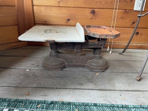 lot 88 image: Antique Metal Scale Measuring 17 Inches Wide, 11 Inches Deep, 7 12 Inches High