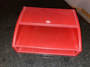 lot 203 image: Red Leather Desk Organizer. Measuring 13 12 Inches Wide By 5 12 Inches Tall By 11 Inches Deep. Top Cover Opens To Reveal A Small Storage Compartment.