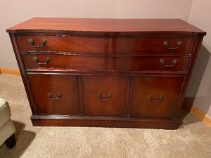 lot 205 image: Vintage Antique Sideboard Measuring 50 Inches Wide By 33 12 Inches Tall By 18 Inches Deep. Two Curved Drawers. Three Doors Below. Beautiful Solid Wood and Quality Craftsmanship