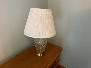 lot 212 image: Table Lamp Measuring 25 Inches High With Glass Body And Bronze Base 6 Inches In Diameter At The Base. Lampshade Is 16 Inches In Diameter.