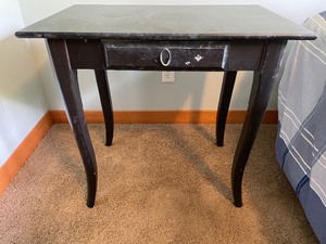 lot 218 image: Wooden Mini DeskNightstand Made Of Wood Stained Black. Standing 29 Inches Tall. Desktop Is 31 Inches Wide By 19 12 Inches Deep. One Small Drawer With Handle.