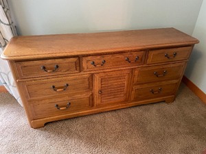 lot 220 image: Long Wooden Dresser Possibly Oak Measuring 68 12 Inches Wide By 18 Inches Deep By 32 Inches Tall.