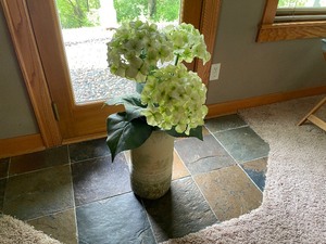 lot 223 image: Earthenware Vase Standing 18 Inches Tall. 8 12 Inches In Diameter. Includes Fake Flowers As Shown In Pictures.