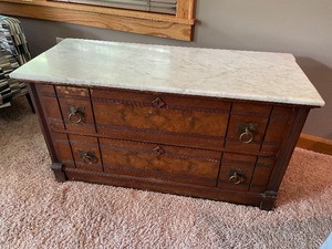 lot 226 image: Vintage Wood Low Marble Topped Coffee Table. Marble Is White. Measuring 22 Inches Tall By 42 Inches Wide By 17 12 Inches Deep. It Has Two Drawers.